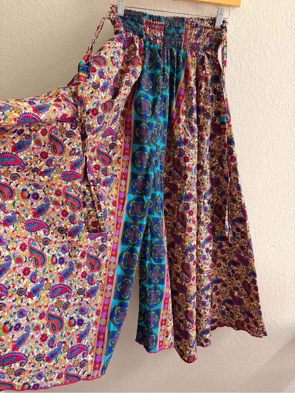 Handmade Boho Paisley Wide Leg Palazzo Pants Smocked Waist Floral Border XS/S